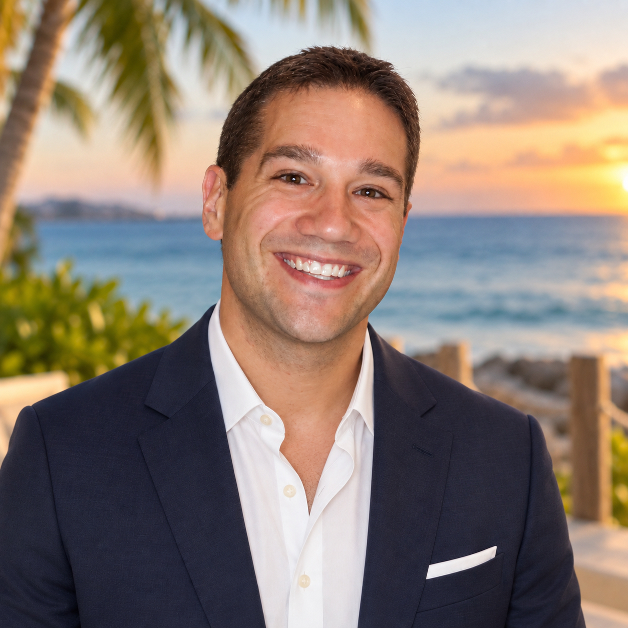 Headshot of Reed Kahn, co-owner of McKahn Cruises, in a navy suit by the ocean at sunset
